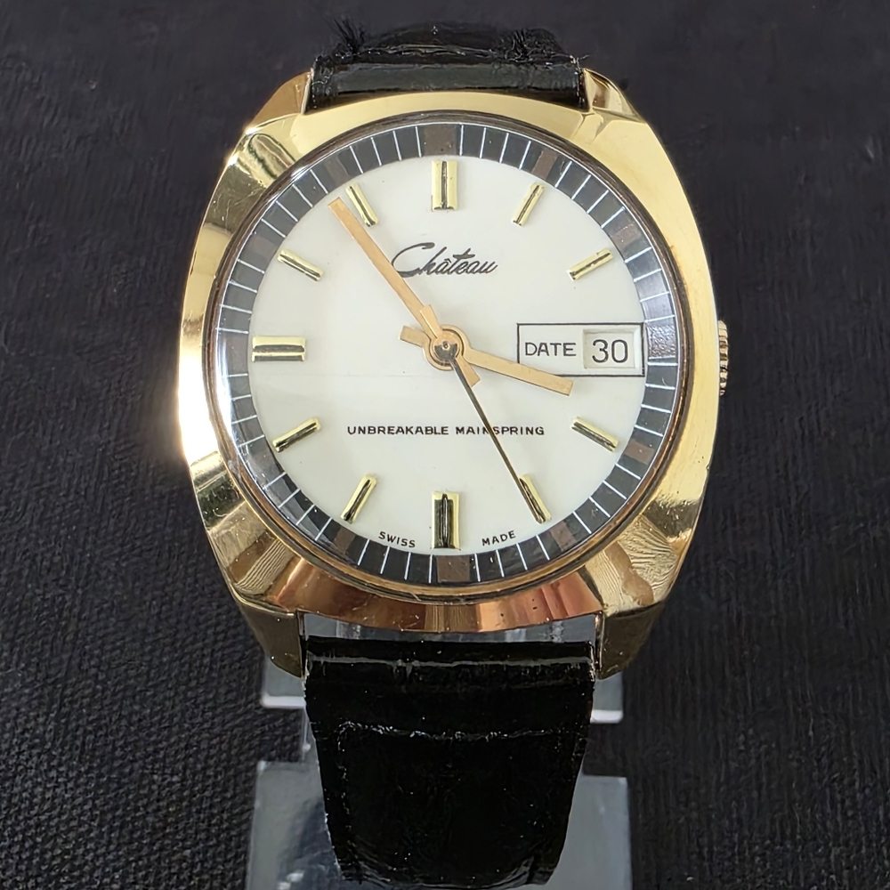 Vintage Chateau Retro TV Screen  Automatic 35mm Date Swiss Watch Runs FLAW